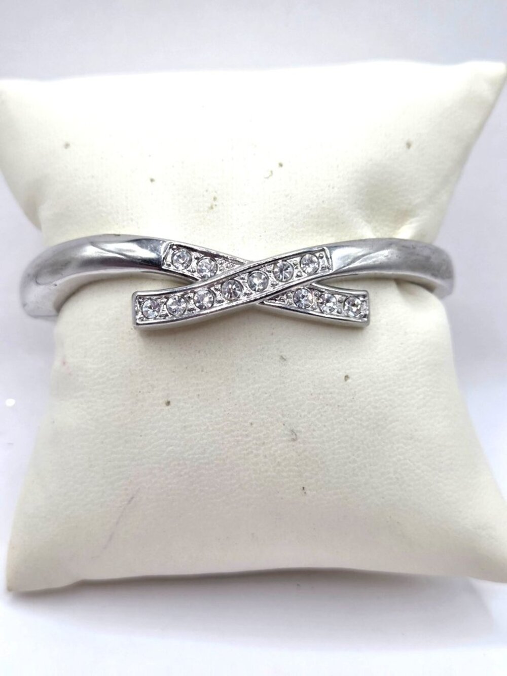Crystal-Accented Silver-Tone Hinged Bangle Bracelet With X Design